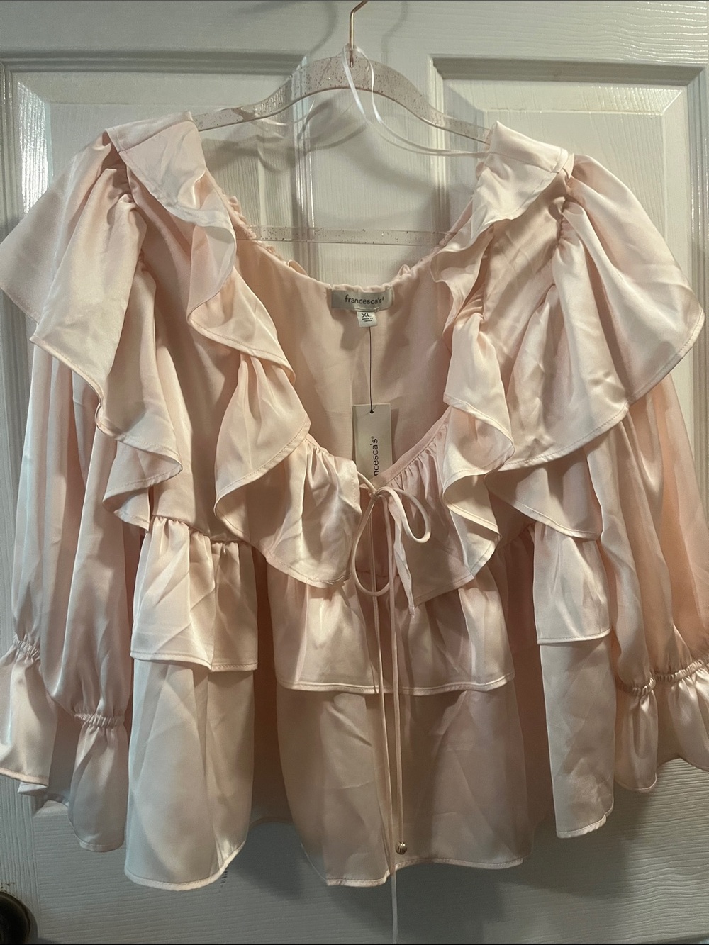 Francesca's Pale Blush Ruffle Tie-Front Peasant Blouse